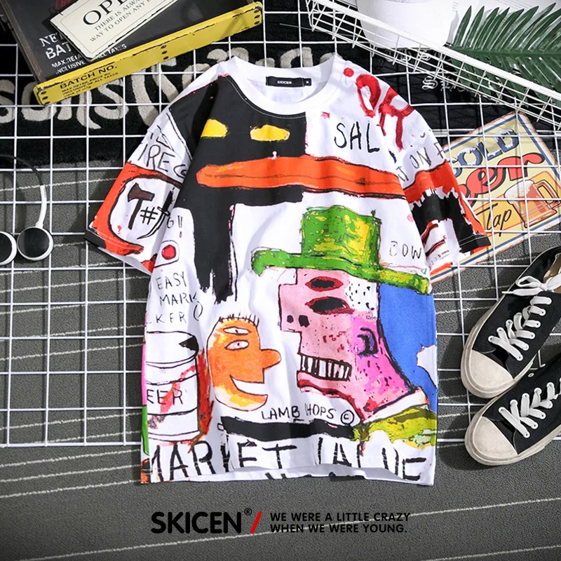 

summer new weird graffiti short sleeved men t shirt fashion ins tide cartoon print t-shirt streetwear hip hop funny men t shirt