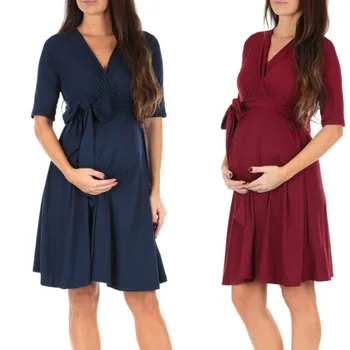 

Fashion Hot Pregant Women Solid Color V-neck Bandgae Mini Dress With Sashes V-Neck Soft Night Dresses Nuring Maternity Dresses