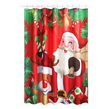 

1pcs Christmas Shower Curtain Santa Claus And Reindeer Splash-Proof Bath Decor Bath Curtains With 12PCS Shower Curtain Hooks