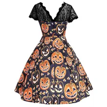 Винтажное женское платье с коротким рукавом и принтом тыквы, платье для Хэллоуина, платье с высокой талией, Осеннее кружевное Повседневное платье средней длины для женщин FC