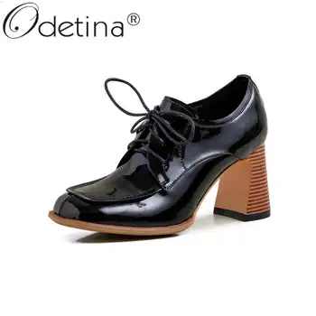 

Odetina Women Retro Lace Up Patent Leather Sewing Dress Shoes Female Block High Stacked Heel Cow Leather Cross-tied Casual Shoes
