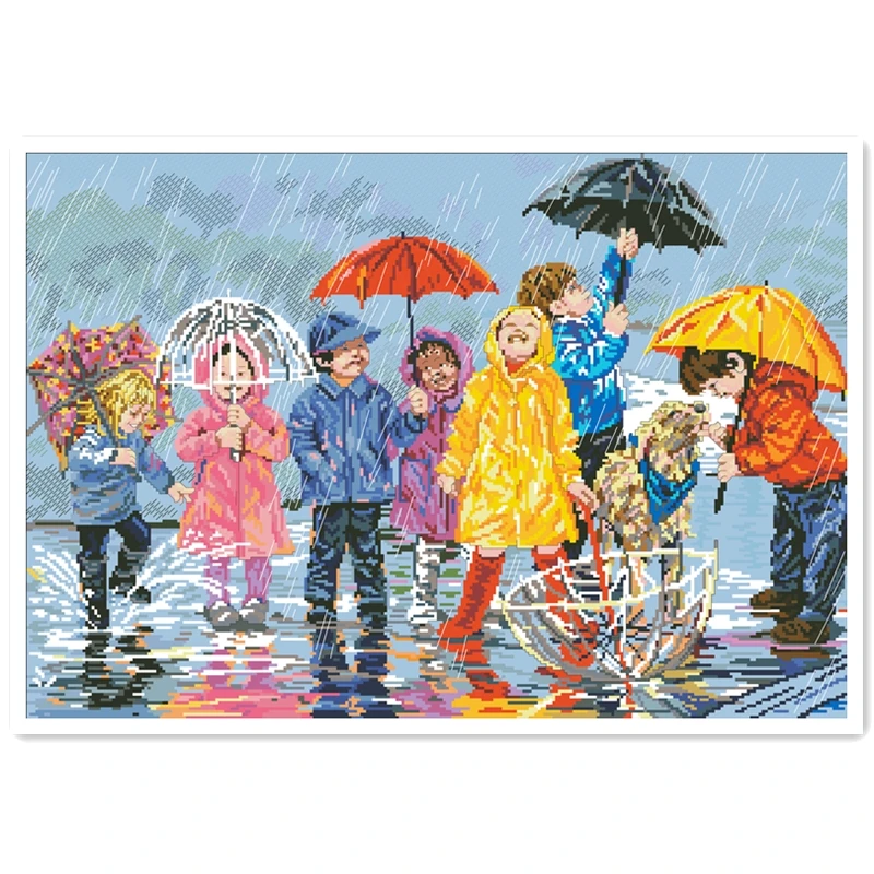 Вышивка крестиком Fun in the rain Детская игровая упаковка 18ct 14ct 11ct светло голубая