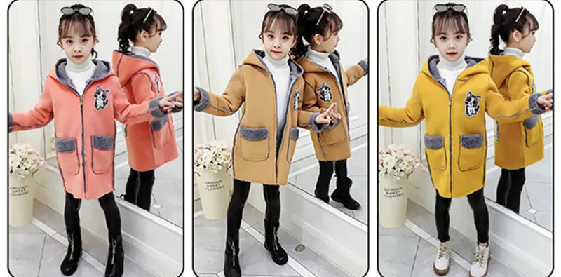 Плотная Шерстяная Куртка для девочек модная детская верхняя одежда с рисунком кота теплое зимнее пальто для девочек, куртка Новогодняя одежда для девочек, пальто