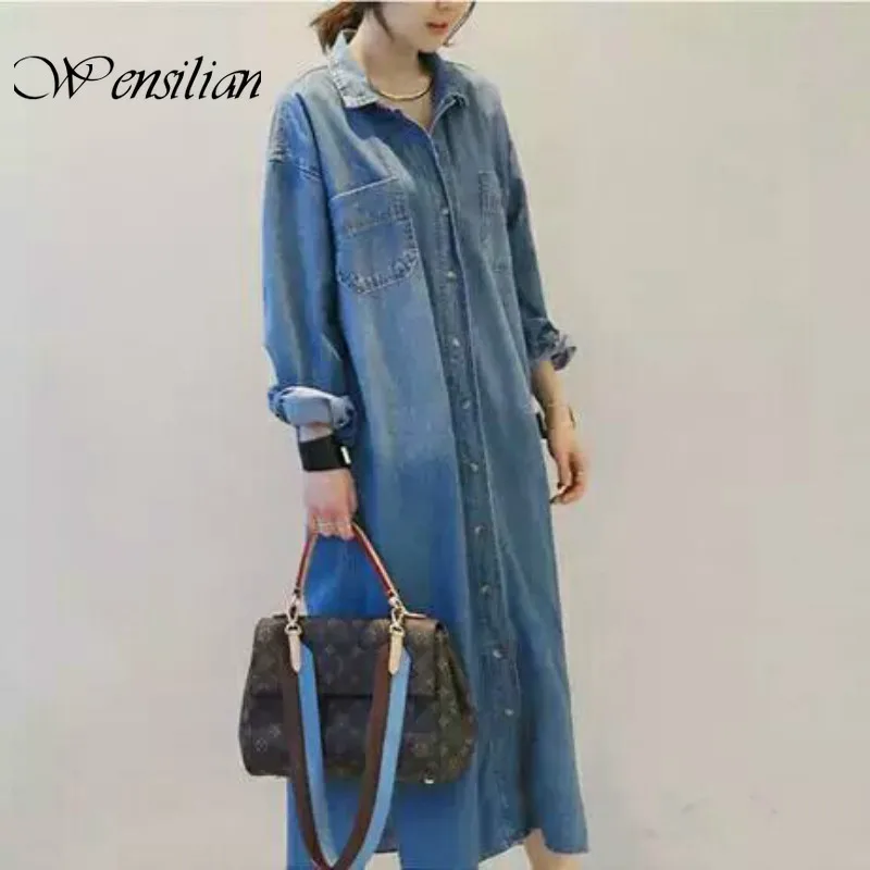 Джинсовые длинные рубашки Женские топы и блузки Повседневная Джинсовая блузка