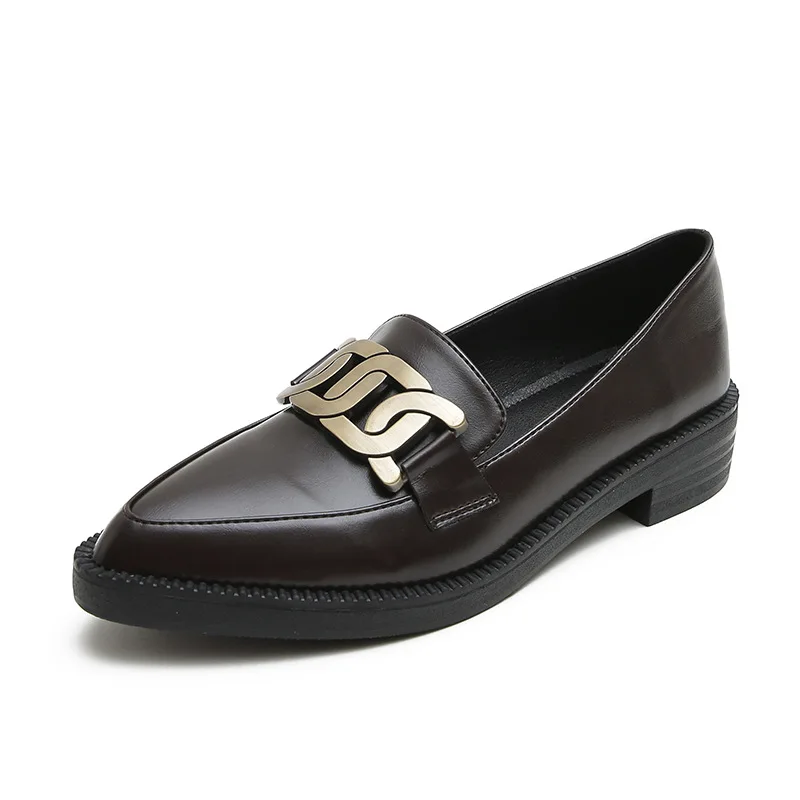 Leather Shoes Women British Metal chain small Oxfords Sneakers Derbies Shallow Pointed Toe Thick Heels Loafers Ladies Flats women oxford shoes leather mary jane shoes