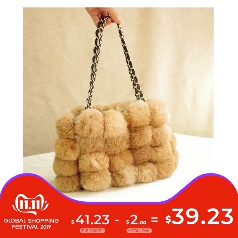 

Shoulder Bags Women Chain Angora Handbag Fashion Luxury Flap Real Fur High Quality