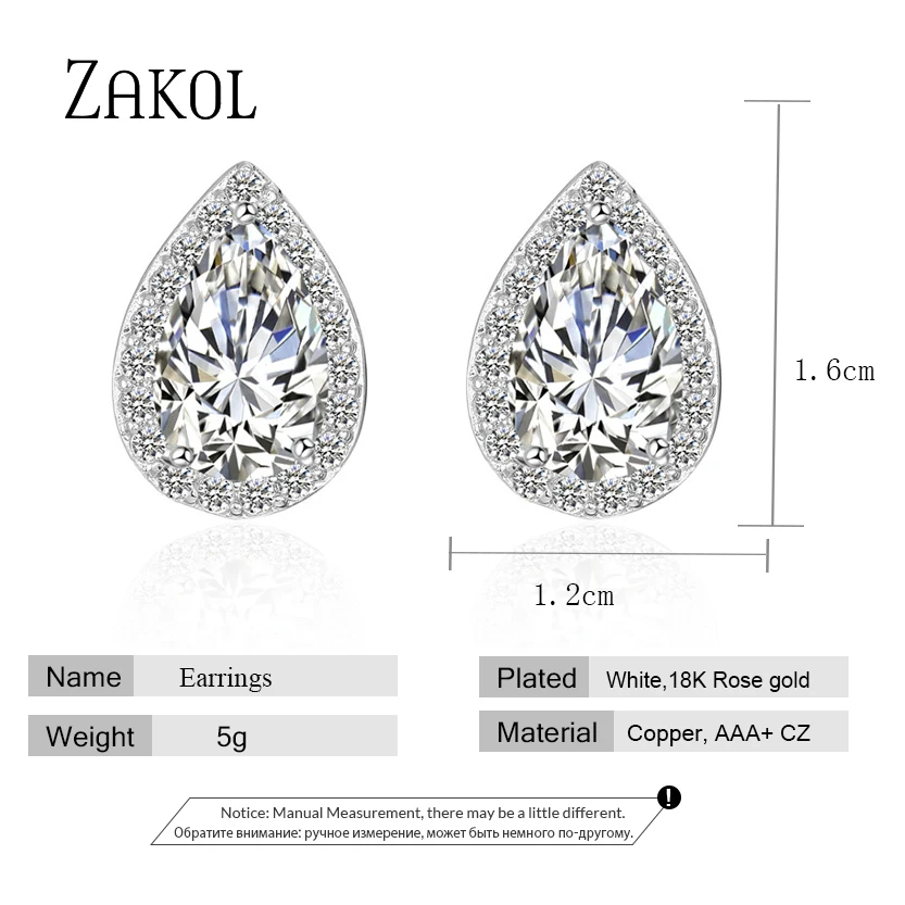 ZAKOL Fashion Big Pear Cubic Zircon Stud Earrings with Tiny Crystal Exquisite White Color Bridal Wedding Jewelry Aretes FSEP001