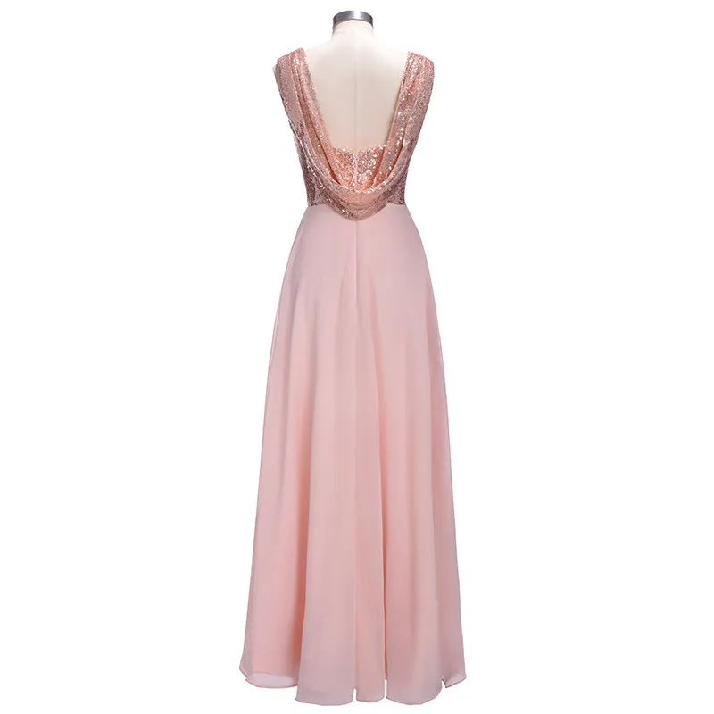 Pink A Line Spaghetti Straps Backless Sequins Chiffon Maid Of Honor Bridesmaid Dress