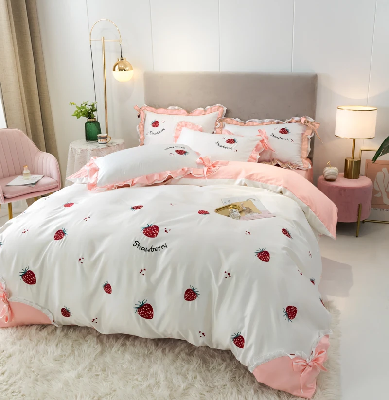 60s Washed Silk AB Pure Cotton 4pcs Duvet Cover Bed Sheet Pillowcases Embroidery Strawberry Sun Flowers Pink Yellow Red White | Дом и сад