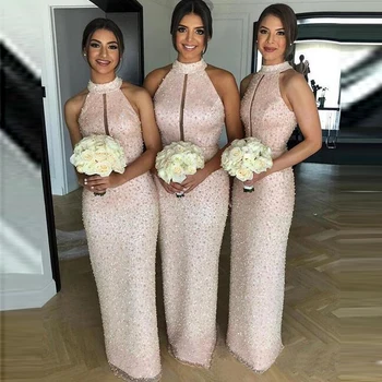 

2019 Hot Sale Bridesmaid Dresses Full Beaded Halter Neck African Maid Of Honor Sheath Long Bride Party Wear для свадьбы