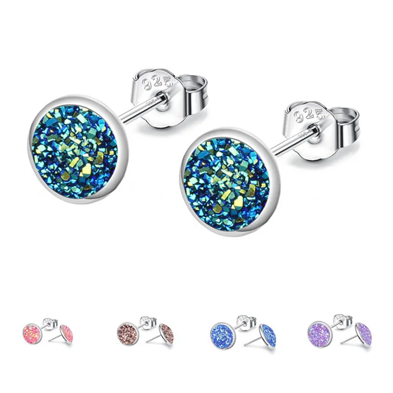 

Women's Simple Korean Fashion Stud Earrings Silver Color Ears Jewelry Round Drusy Rhinestone Small Piercing Earring for Women