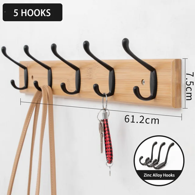 Nordic Fashion Home Decor Coat Hook Organizer Double Hooks Hallway Bedroom Door Hat Clothes Rack Hanger Kitchen Toilet Wall Hook Bamboo Color 5 Hook