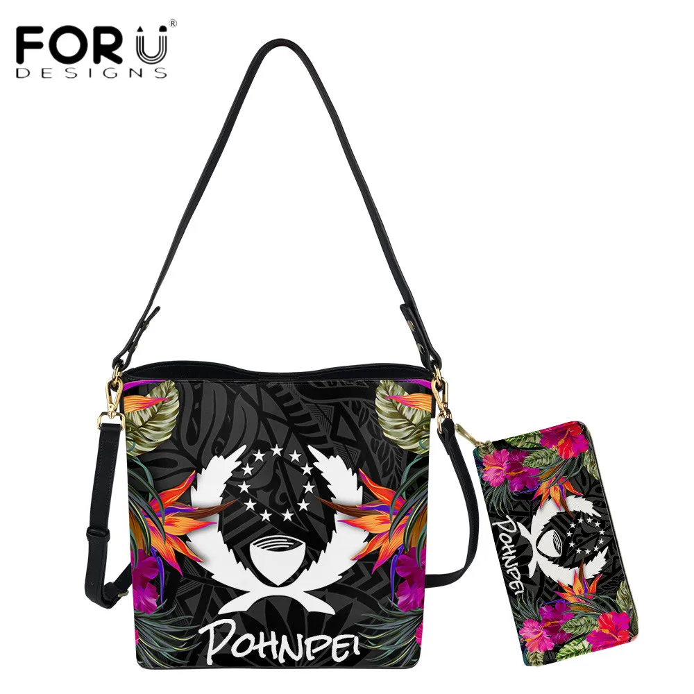 FORUDESIGNS-Bolso de cuero sintético para mujer, Bolsa de hombro con estampado de hibisco Pohnpei Hawaiano
