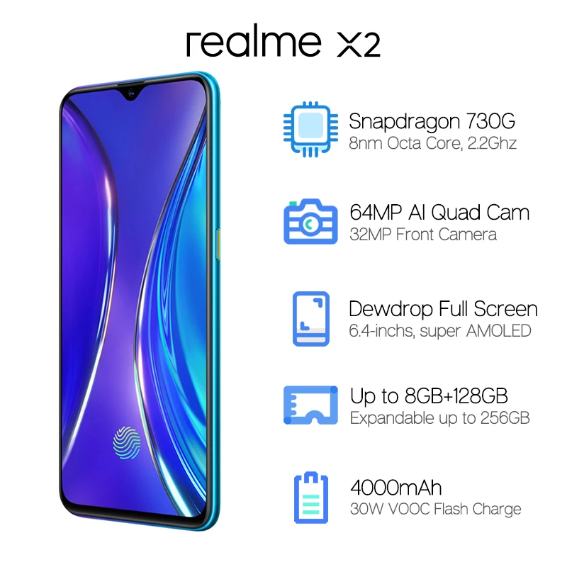 realme X2 X 2 6G/8G 64G/128G Snapdragon 730G смартфон Восьмиядерный 64MP Quad Cam 6,4 ''Super AMOLED NFC 4000mAh 30W VOOC