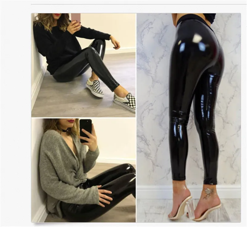 

2020 New Hot Womens Sexy Black Pants Slim Soft Strethcy Shiny Wet Look Faux Leather Vinyl Leggings Trouser Pants