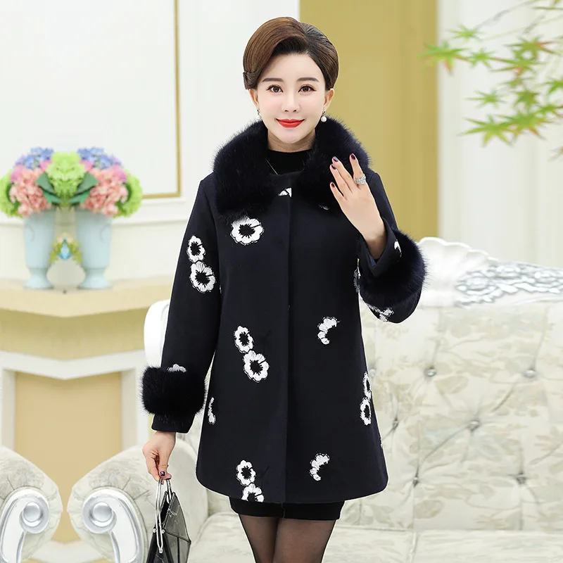 

Middle-aged Women's Western Style Middle-aged Women Dress Autumn And Winter Woolen Jacket Mid-length Fur Collar Woolen Cloth Fas