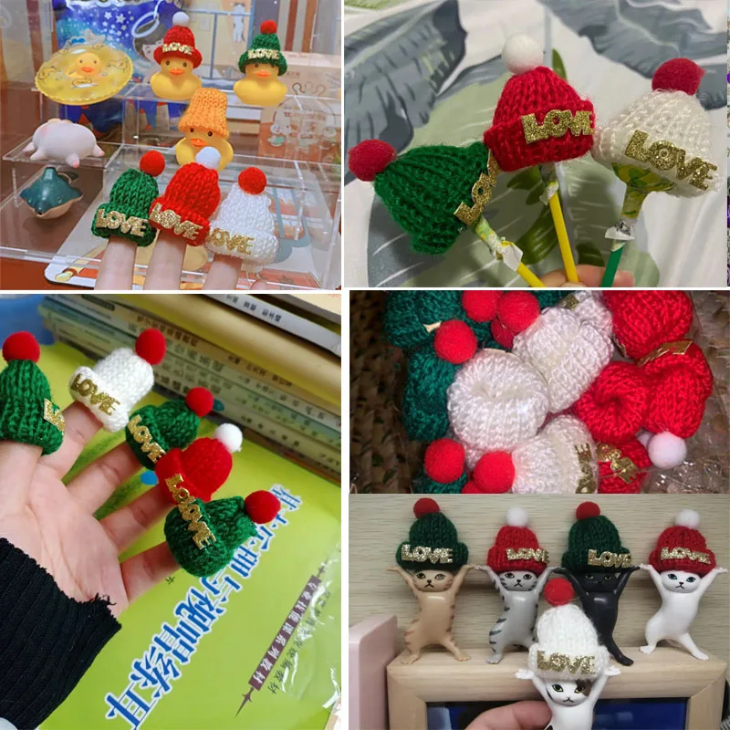 10pcs Small Christmas Hat Cute Knitting Mini Hats DIY Handmade Accessories Santa Claus Brooch Decor for Party Xmas Finger Caps