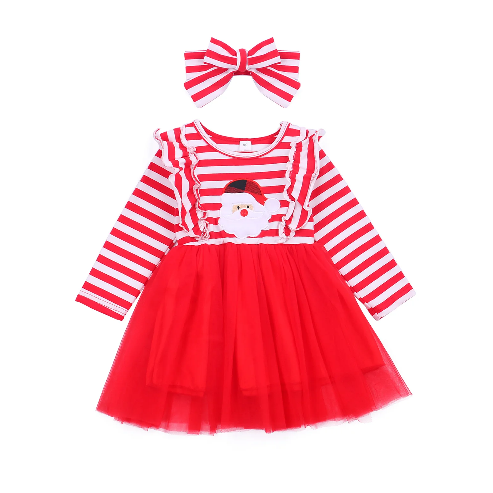 

Autumn Winter Christmas Baby Girl 2Pcs Set Striped Santa Claus Patchwork Red Mesh Long Sleeve Dress 1-6Y
