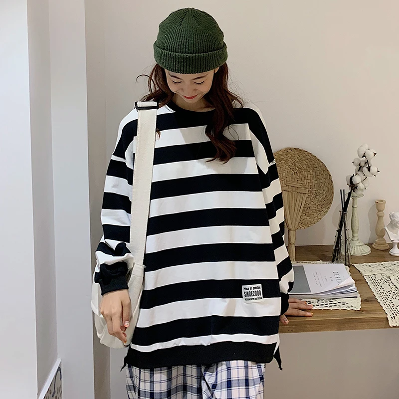 Lychee Harajuku в полоску с вырезом лодочкой женский спортивный костюм средней и длинной секцией женские пуловеры хит цвета Осенняя Женская толстовка