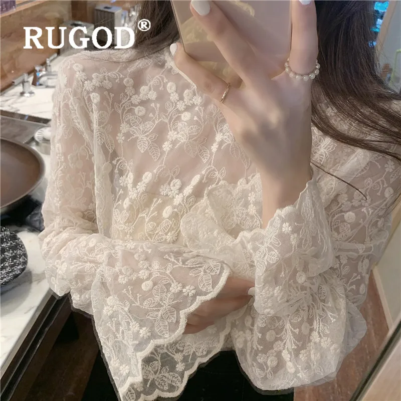 Женская кружевная блузка RUGOD Элегантная цвета хаки с длинным рукавом и