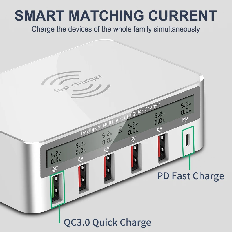  iHaitun 100W Wireless PD Type C QC3.0 USB Charger LED Display Fast Dock Station Travel Quick Charge - 4000218400331