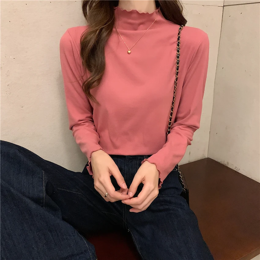 T 셔츠 여성 하라주쿠 Tshirt 자르기 탑 한국 패션 T-셔츠 긴 소매 탑 티 셔츠 Femme 가을 겨울 터틀넥 셔츠