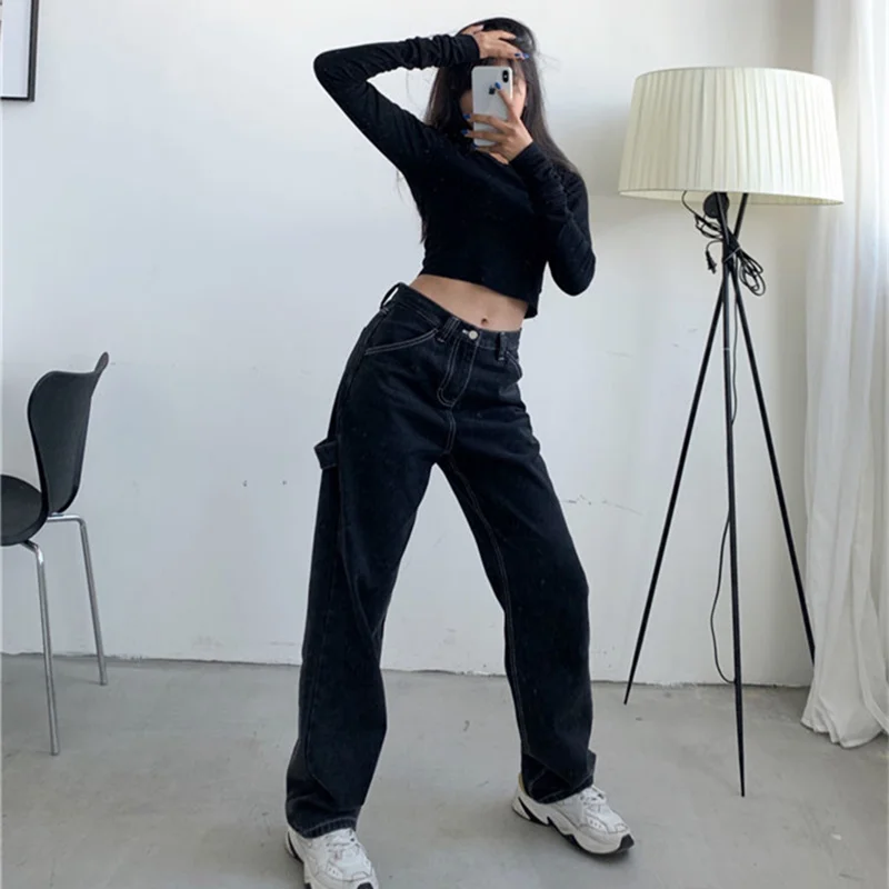 Vaqueros Vintage para mujer, ropa de calle, pantalones vaqueros rectos negros de cintura alta, de pierna ancha para mamá, para otoño