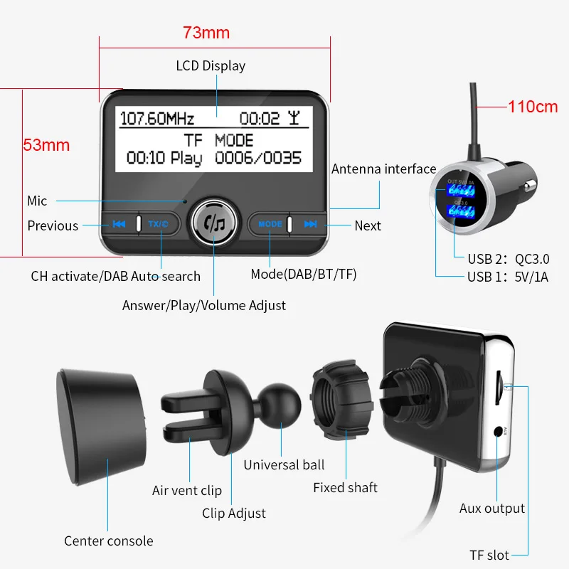 Jilang Автомобиль DAB радиоприемник тюнер FM передатчик Plug-and-Play DAB+ адаптер вспомогательный aux bluetooth пульт дистанционного управления с TF USB Зарядное устройство 5 V/2.1A QC3.0