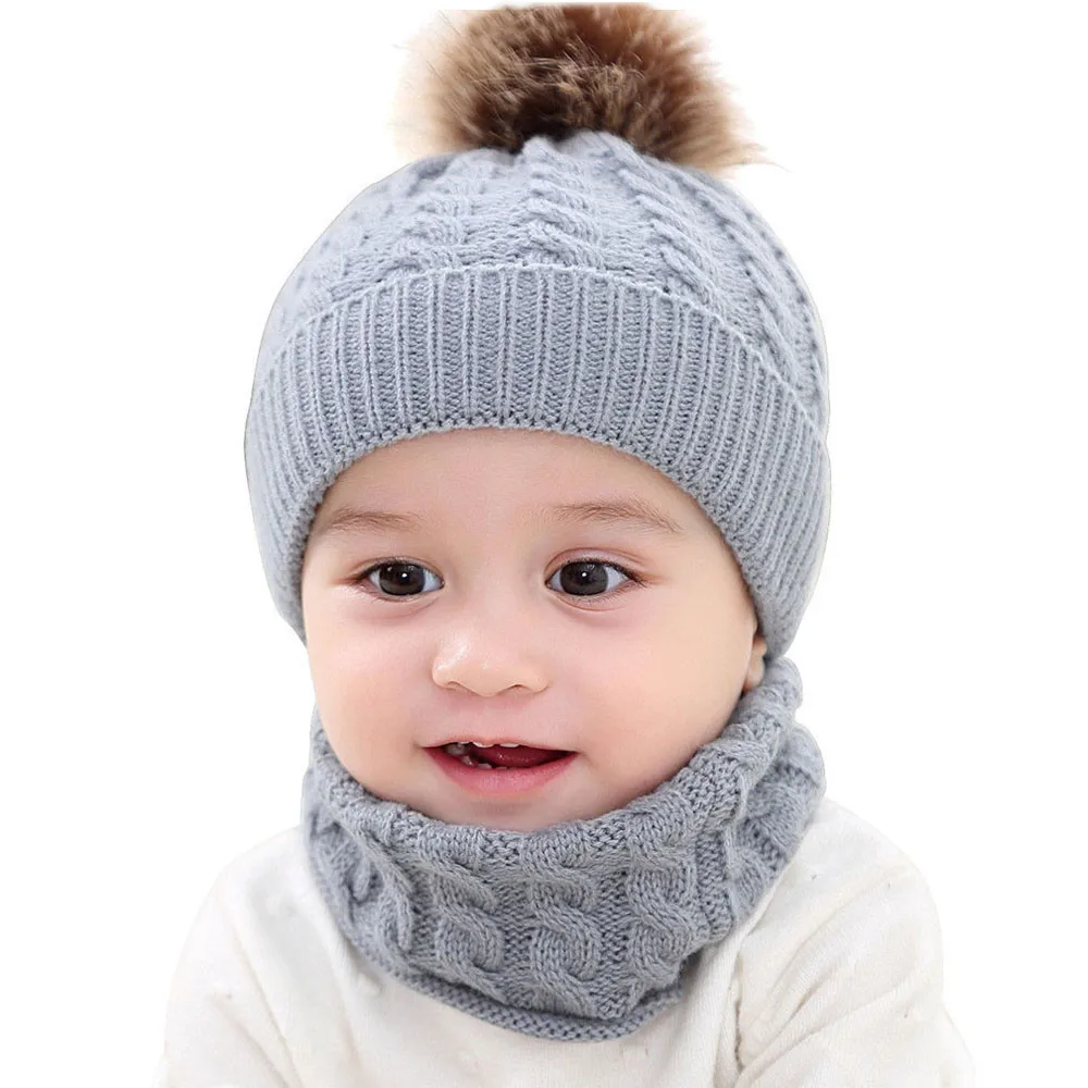 Детская зимняя шапка, Модный комплект из 2 предметов для маленьких девочек и мальчиков, одноцветная шапка, зимняя теплая вязаная шапочка+ шарф, теплый комплект, детская шапка - Цвет: Gray