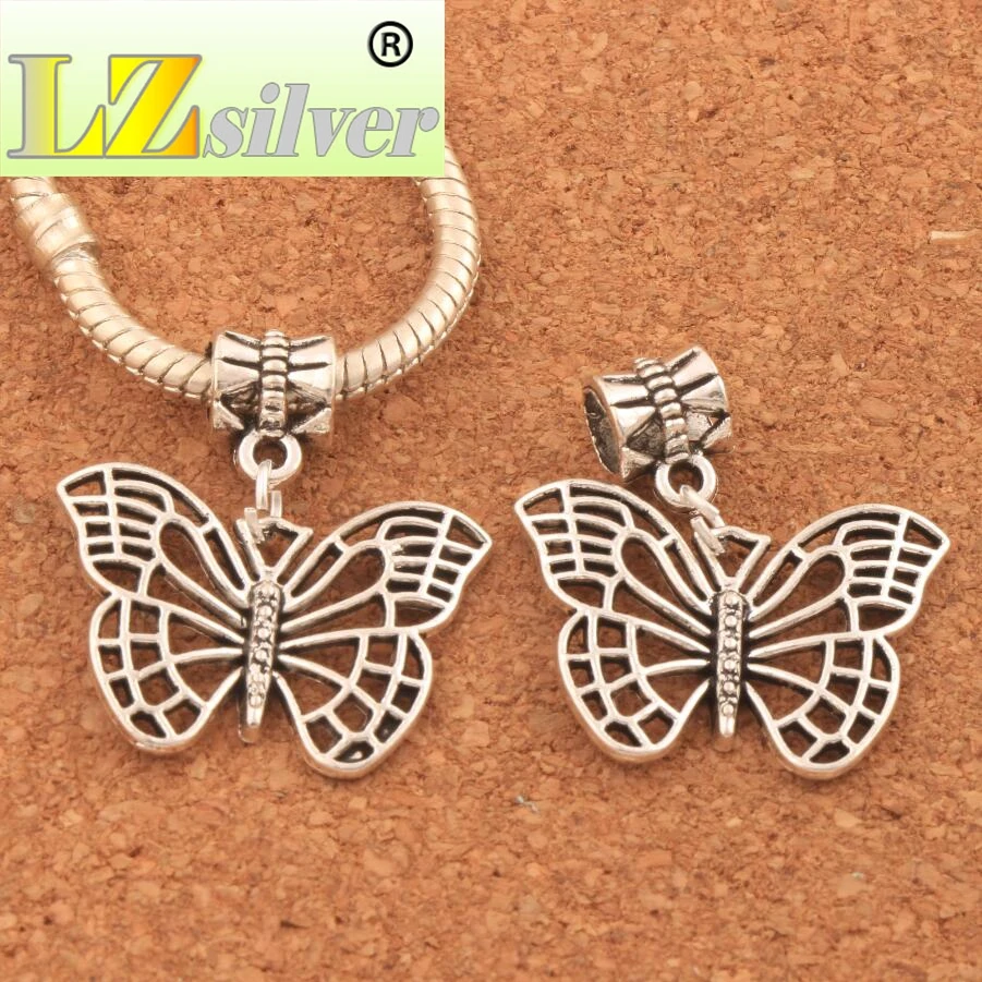 Hollow Butterfly Big Hole Beads 25.4x27.5mm 100PCS Zinc Alloy Dangle Fit European Bracelets Jewelry DIY B1130