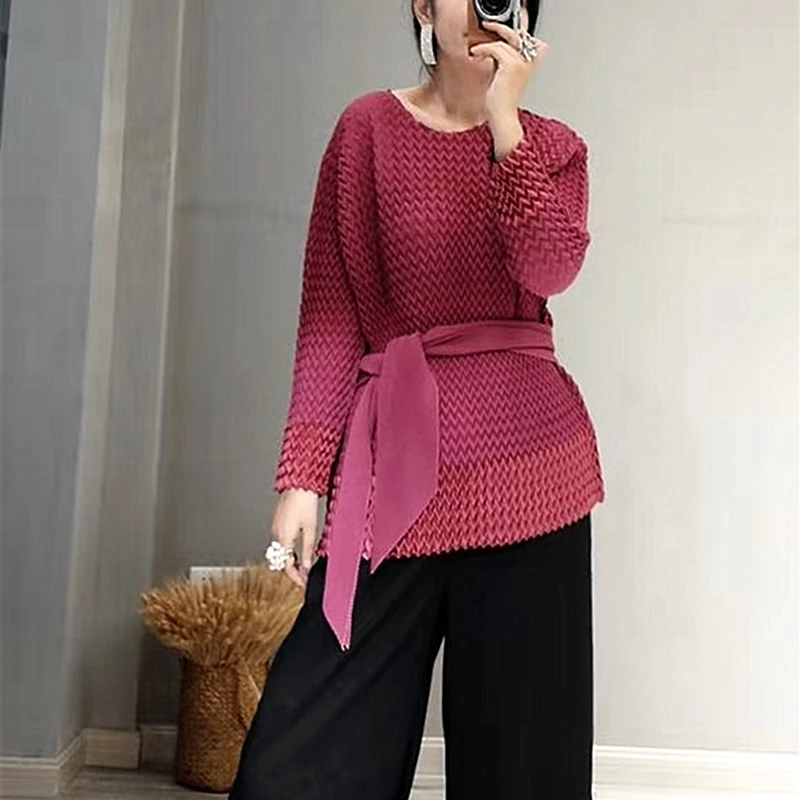 rose red Miyake fold новая весенняя и осенняя Корейская версия свободная строчка рубашка Женский дизайн чувство ниши Большой размер с длинными рукавами футболка - Цвет: rose red
