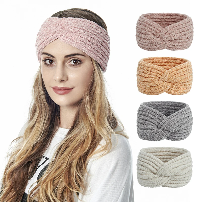 Women Thicken Knitting Cross Knot Woolen Headbands Hair Holder Elastic ...