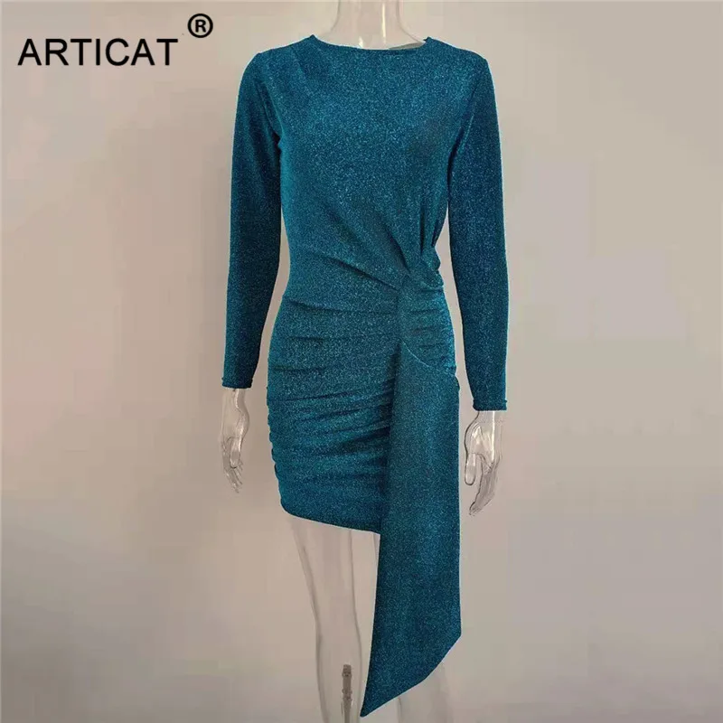 Articat, Осеннее блестящее ДРАПИРОВАННОЕ облегающее платье, женское платье с длинным рукавом и круглым вырезом на спине, женское однотонное мини уличное платье