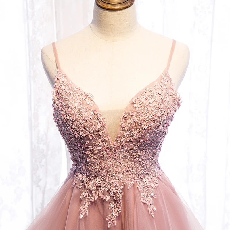 Robe De Soiree вечернее платье с v-образным вырезом из розовой органзы с аппликацией из бисера, высокие и низкие вечерние платья, длинное платье, vestido de festa