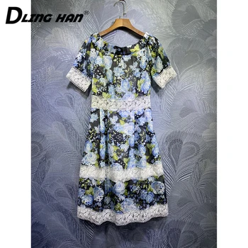

DLINGHAN Fashion Lace Patchwork Dress Women's elegant Floral Print Short sleeve Dresses Designer Autumn New