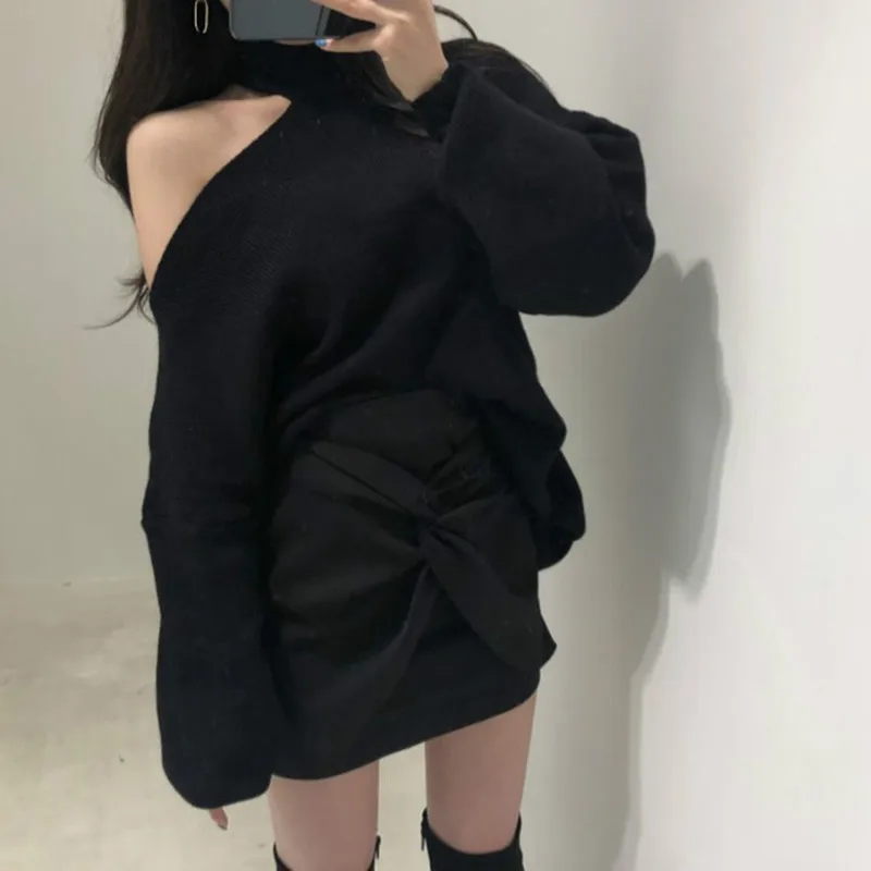 Neploe Pull Femme осень зима корейские джемпера с длинным рукавом o-образным вырезом Холтер свитер без бретелек Женский Свободный вязаный пуловер 54968