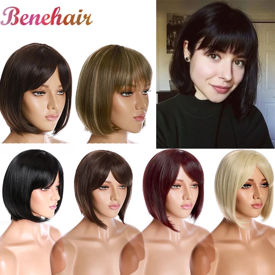 

BENEHAIR Synthetic Bob Short Wig With Bangs Straight Fake Hair Extension Cosplay Ombre Wigs For Women Heat Resistant Fiber