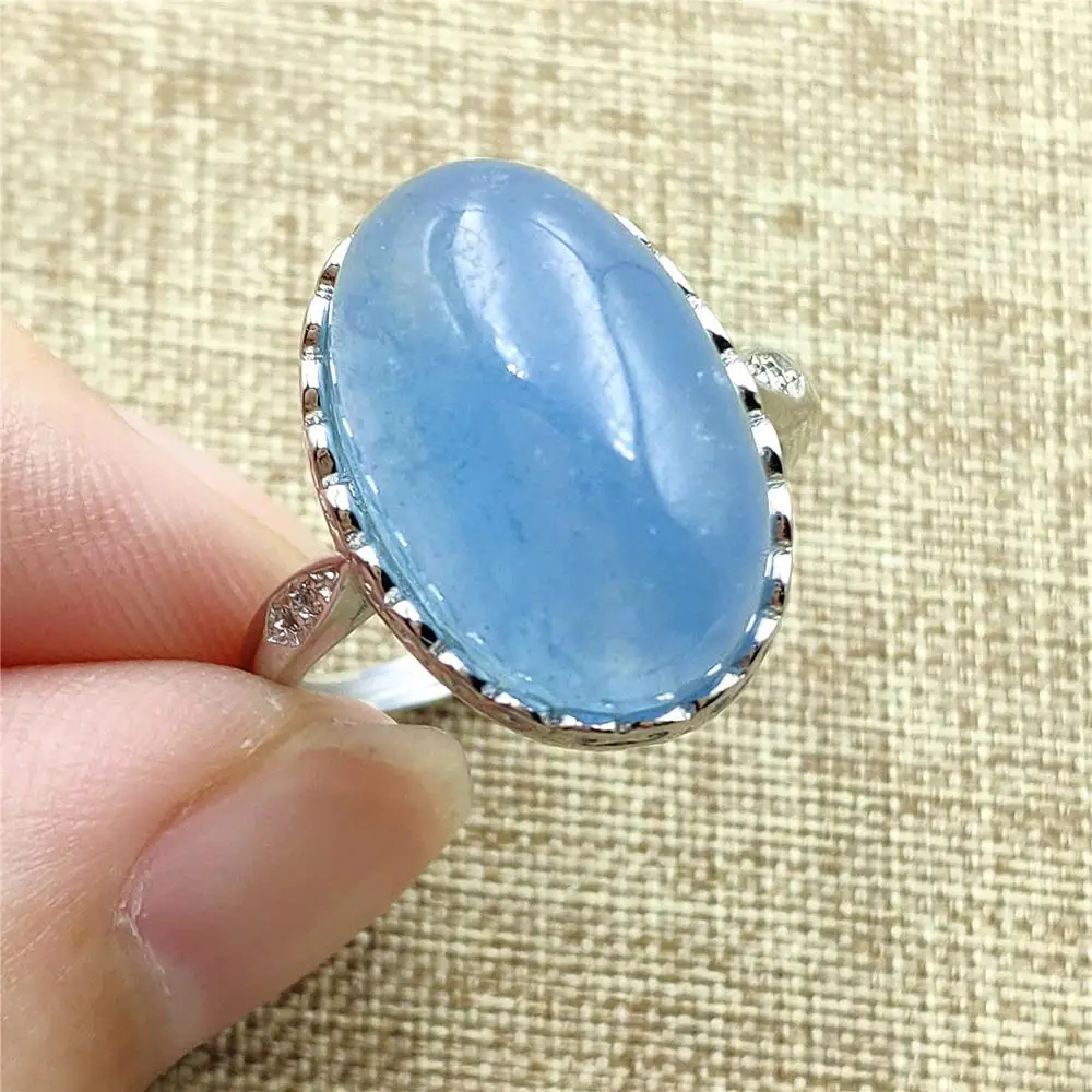 

Genuine Natural Blue Aquamarine Crystal Beads Adjustable Ring 17x12mm Lucky Love Gift Stone Ring AAAAA 925 Silver Drop Shipping
