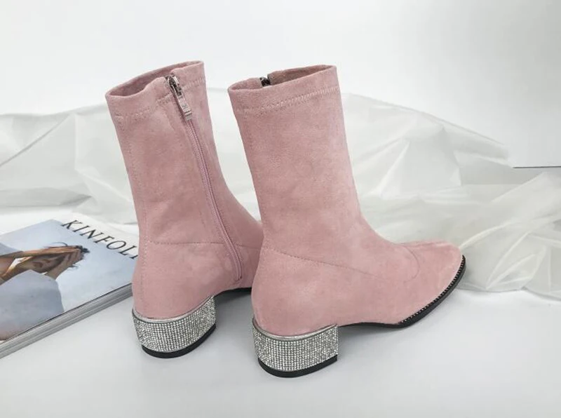 high quality pink elegant block black women ankle boots medium heel shoes diamond square toe winter fall short chunky rhinestone
