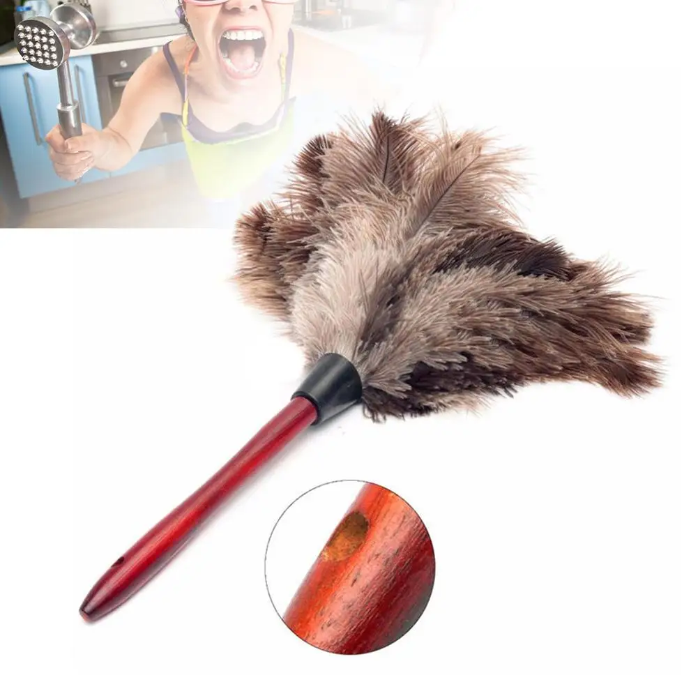 35CM Natural Grey Ostrich Feather Fur Brush Anti static Duster Wood