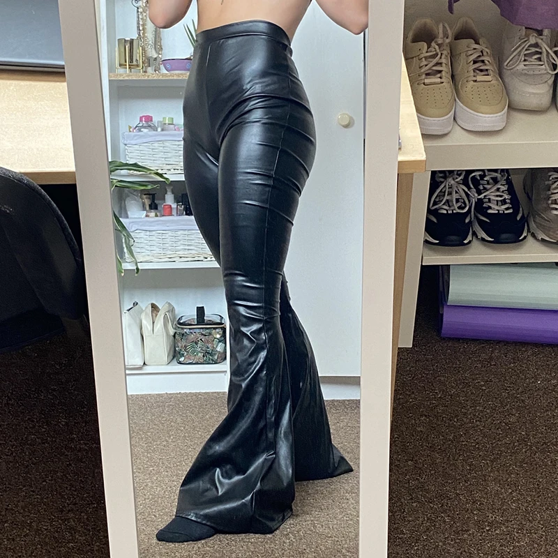 

Sexy Skinny Leather Flare Pants Punk Style High Waisted Slim Fit Trousers Women Vintage Academic Lounge Joggers Streetwear