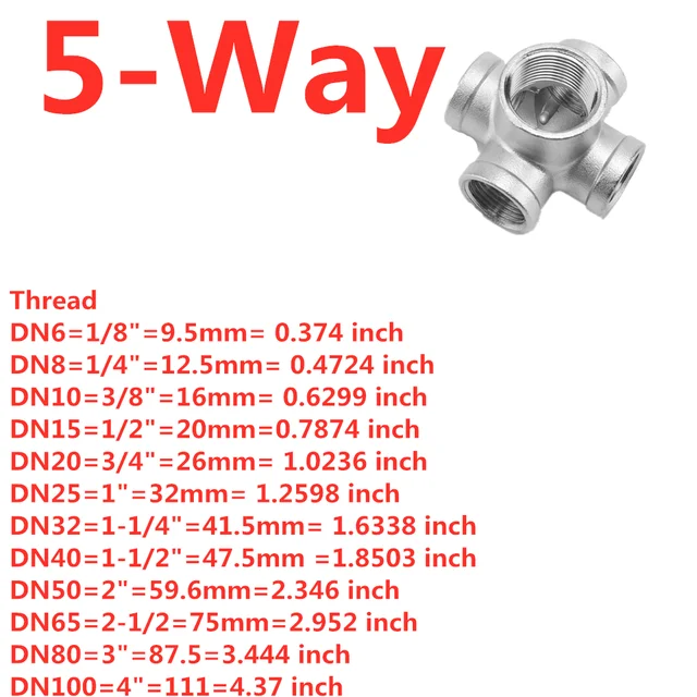 1pc 3/4" BSP Female 304 Stainless Steel 3 Way Corner Type Pipe 304  Stainless Steel 1PC 1/4" BSPT Female 5 Ways Corner Cross 304 Stainless Steel P