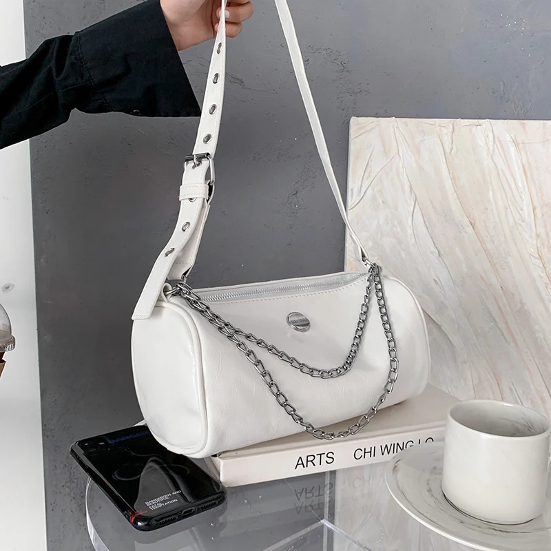 PU Leather Women Luxury Designer Handbags 2021 Shopper Fashion Large Capacity Punk Metal Style Chain Cylinder Bag Crossbody Bags | Багаж и