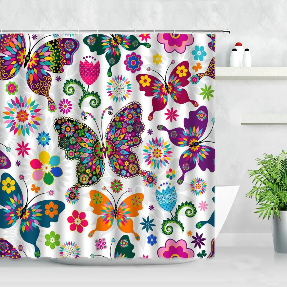 Rideau De Douche Botanique Papillon Jardin – Violet Et Vert, Déco Salle De Bain Fleurie Et Naturelle