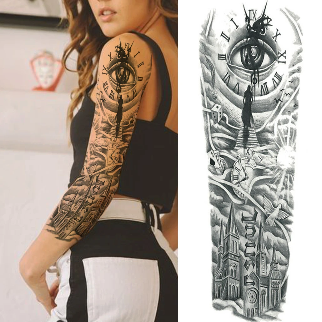 Compass Robot Arm Temporary Tattoos Sleeve For Men Women Realistic Fake Skull Angel Full Arm Tatoos Maori Totem Tattoo Sticker 2