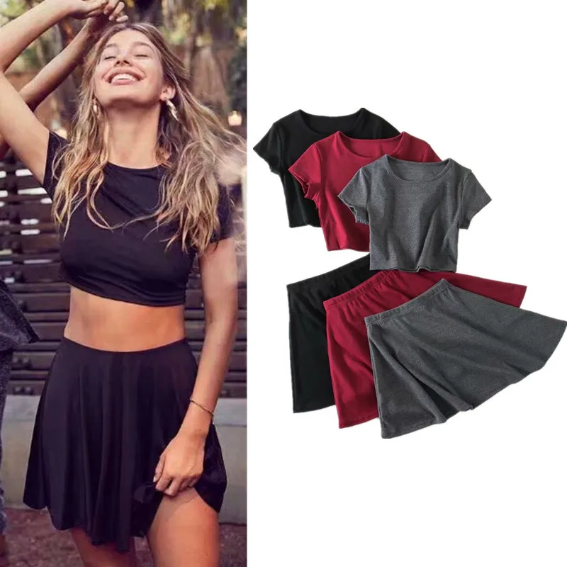 

Western Style 2018 Summer New Style Crew Neck Short Sleeve Exposed Navel Tops + A- line Pendulum Short Skirt Solid Color WOMEN'S