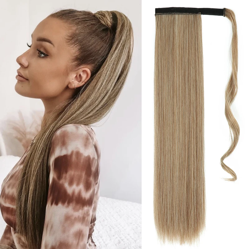 Lisigirl-Extensión de cabello largo y liso con Clip para cola de caballo, resistente al calor, cabello falso sintético con cola de caballo