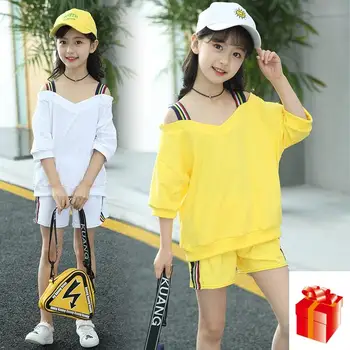 

Children's Sets Kids Girls Clothes Summer Suit Yellow Color Suspender Top + Shorts 2pcs 2020 Girl Fashion Princess Sports Suit.