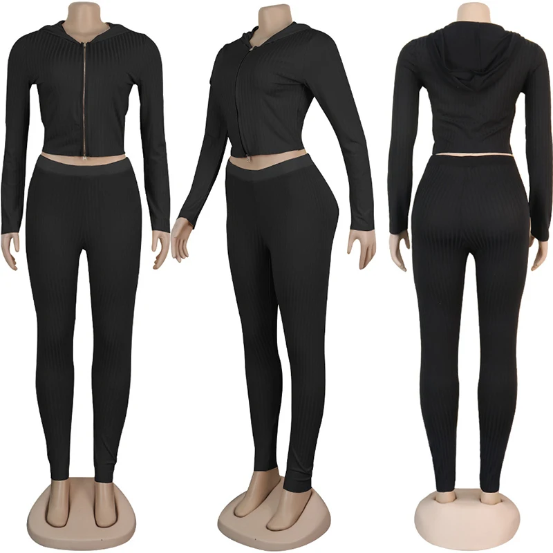 Simenual, ребристый модный Базовый комплект из двух предметов, женский осенний комплект на молнии с длинным рукавом, однотонный облегающий топ с капюшоном и штаны