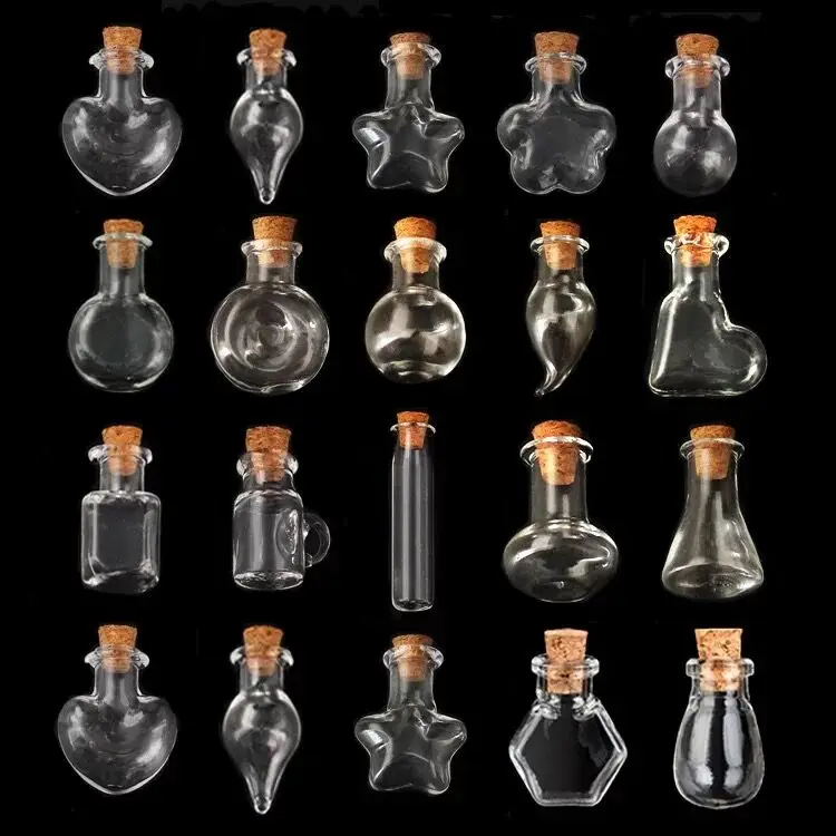 300pcs Heart/Tube/Square/Water Drop/XO/Flat/Flower/Star Mix Shape Mini Glass Bottles with Clear Cork Stopper Tiny Vials Jars 5